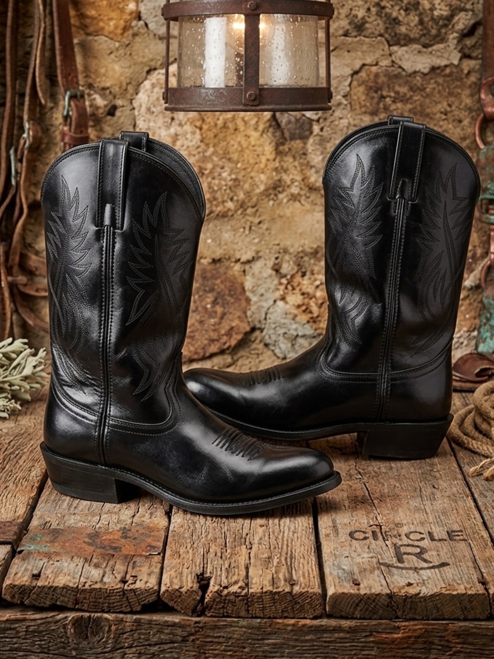 Justin Boots Black Leather Western Cowboy Boots 13D
